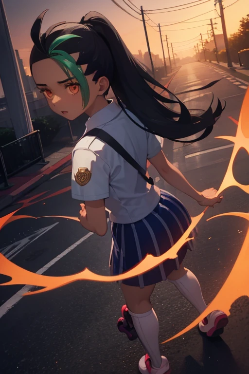 Nemo, a high school girl, happily stands on the street in the evening, being attacked from behind by tentacles of darkness.