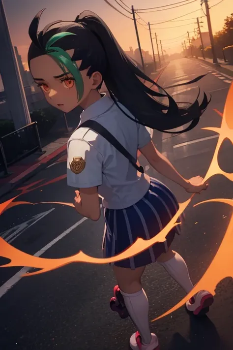 nemo, a high school girl, happily stands on the street in the evening, being attacked from behind by tentacles of darkness.