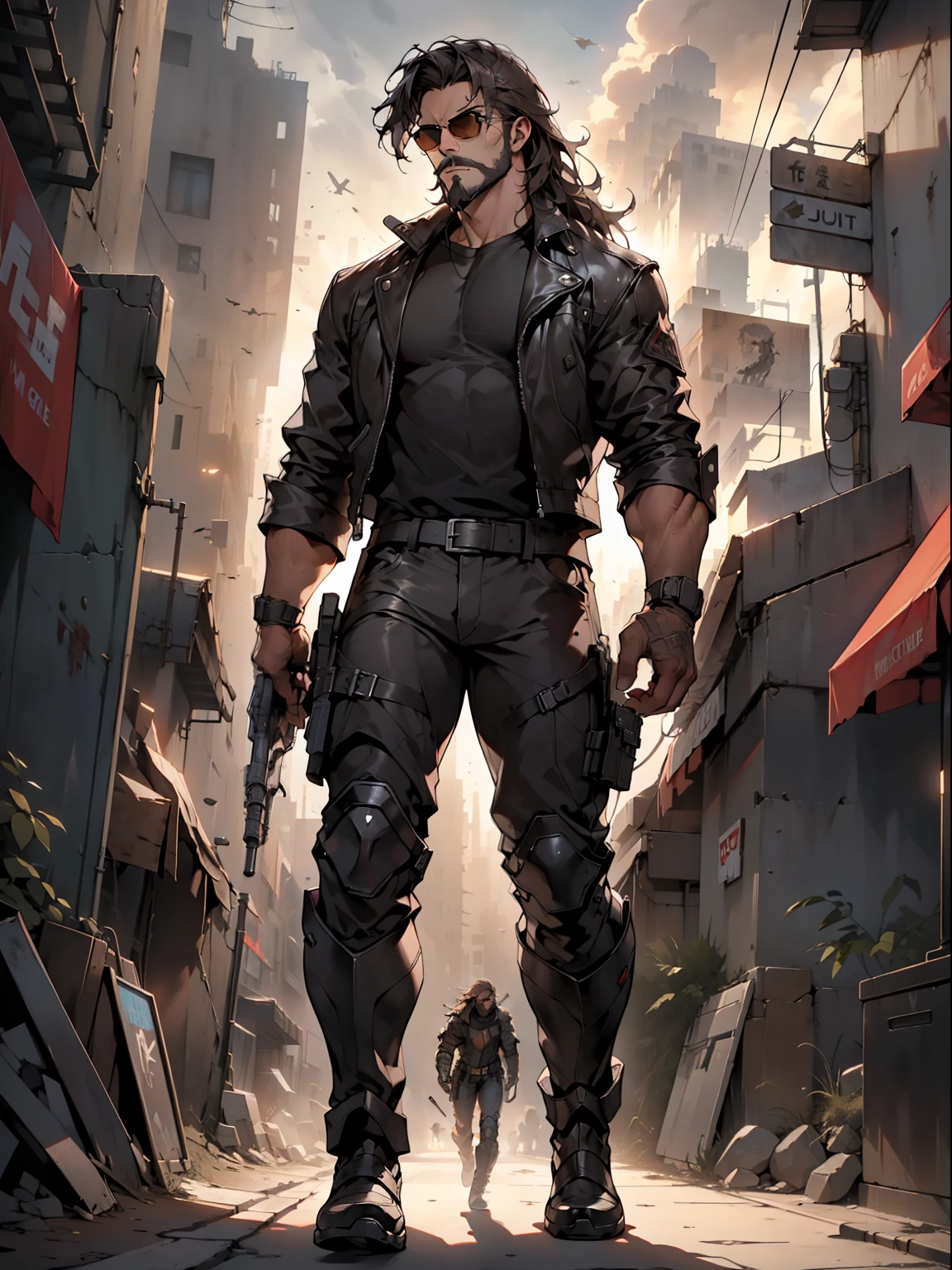 (neocruz),"Terminator movie, Futuristic, Dystopian cityscape, dark and sandy atmosphere, intense action scene, 11boy with long hair and beard as main character, iconic black leather jacket, Sunglasses, epic battle, Explosions, high-tech weaponry, cyber improvements, post-apocalyptic scenario, incessant search, Suspenseful chase sequence, dramatic lighting, Dramatic camera angles, Moments full of adrenaline."