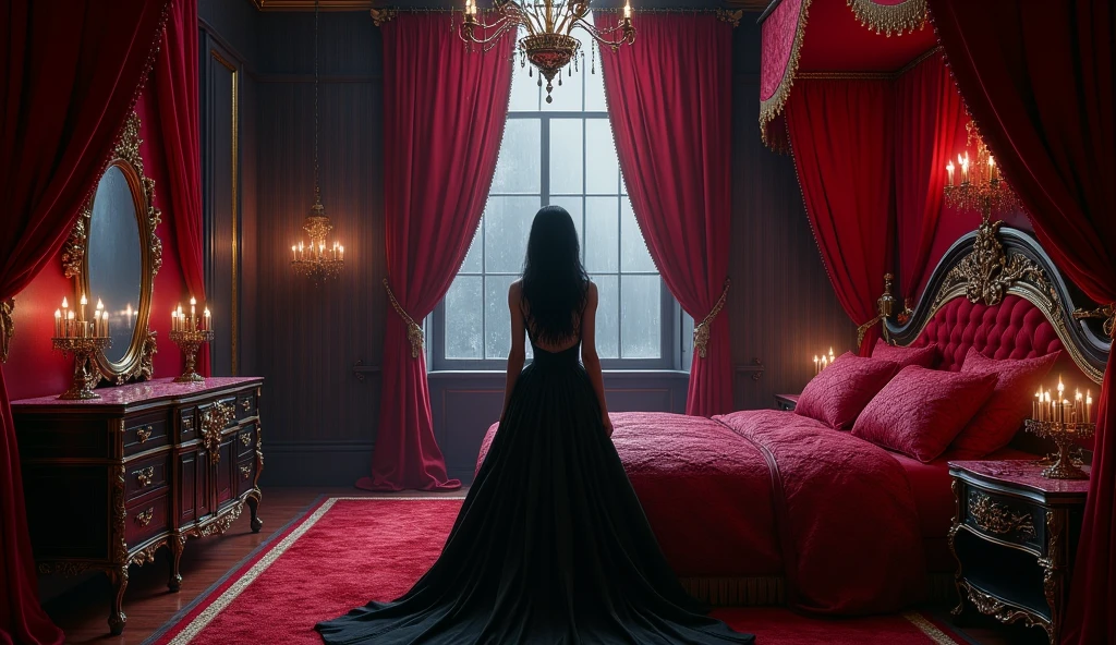 Royal bedroom for girls with all details and a big royal bed with red and black theme and open window and rainy weather at night
red light and A princess in a black royal dress with long black hair and a mirror in her hand and lookung to camera