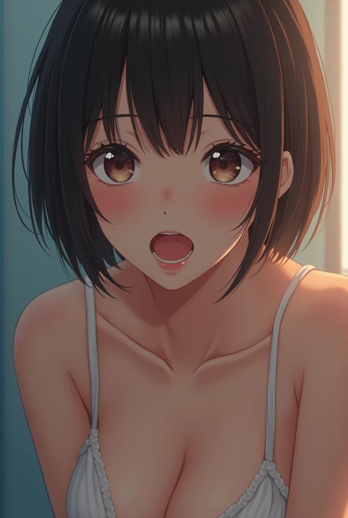 nsfw,One Woman、、Primary schonaked、（Beautiful nipples）、((Small Breasts)),Highest quality、Very delicate and beautiful、((Very short bangs))、((Bangs))、Light shiny brown hair、The hair is light、((Short Bob))、Cute face、Young face、Cute like an idol、Yellow Eyes、Are thin、Slim figure、Short、（Child body type）、((Lots of sweat))、rassed face、Open Mouth、Troubled face、Red face、（School classroom）、Photographed from the front、Pink Bra、