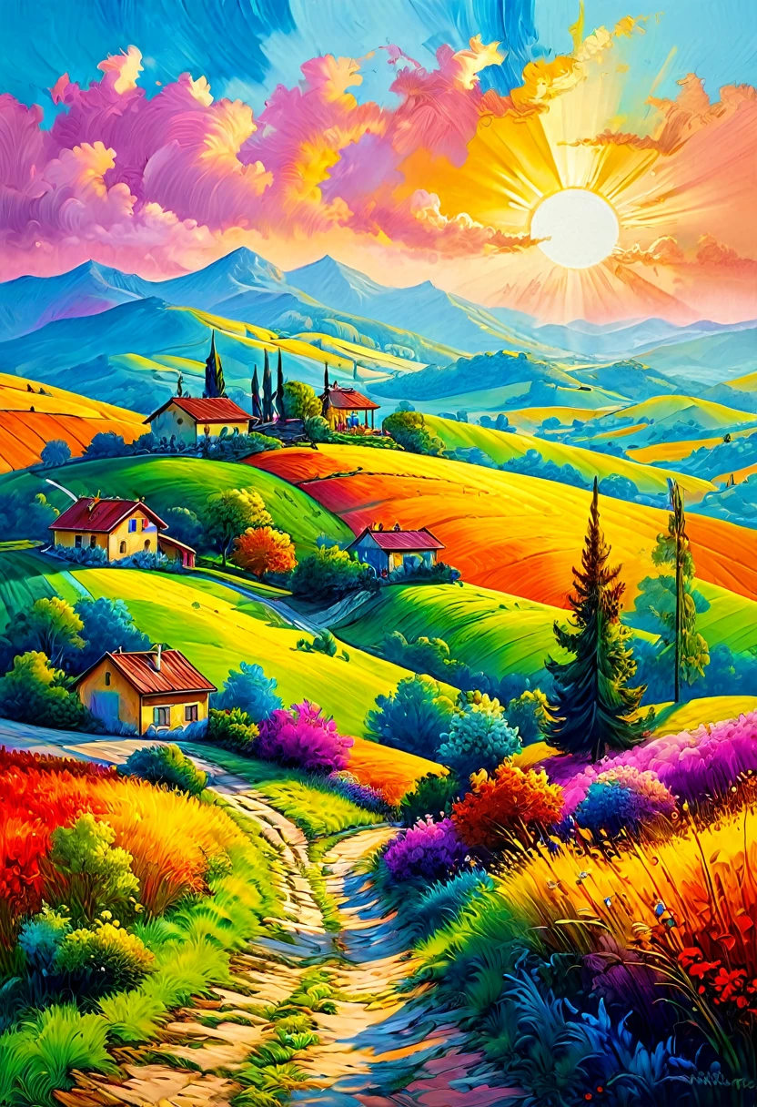 Masterpiece, best composition, best quality, colorful oil painting, sunny hilly landscape, beautiful gradients of hills, made entirely of gradients, surreal colors, beautiful wallpaper, colorful landscape, amazing artwork.