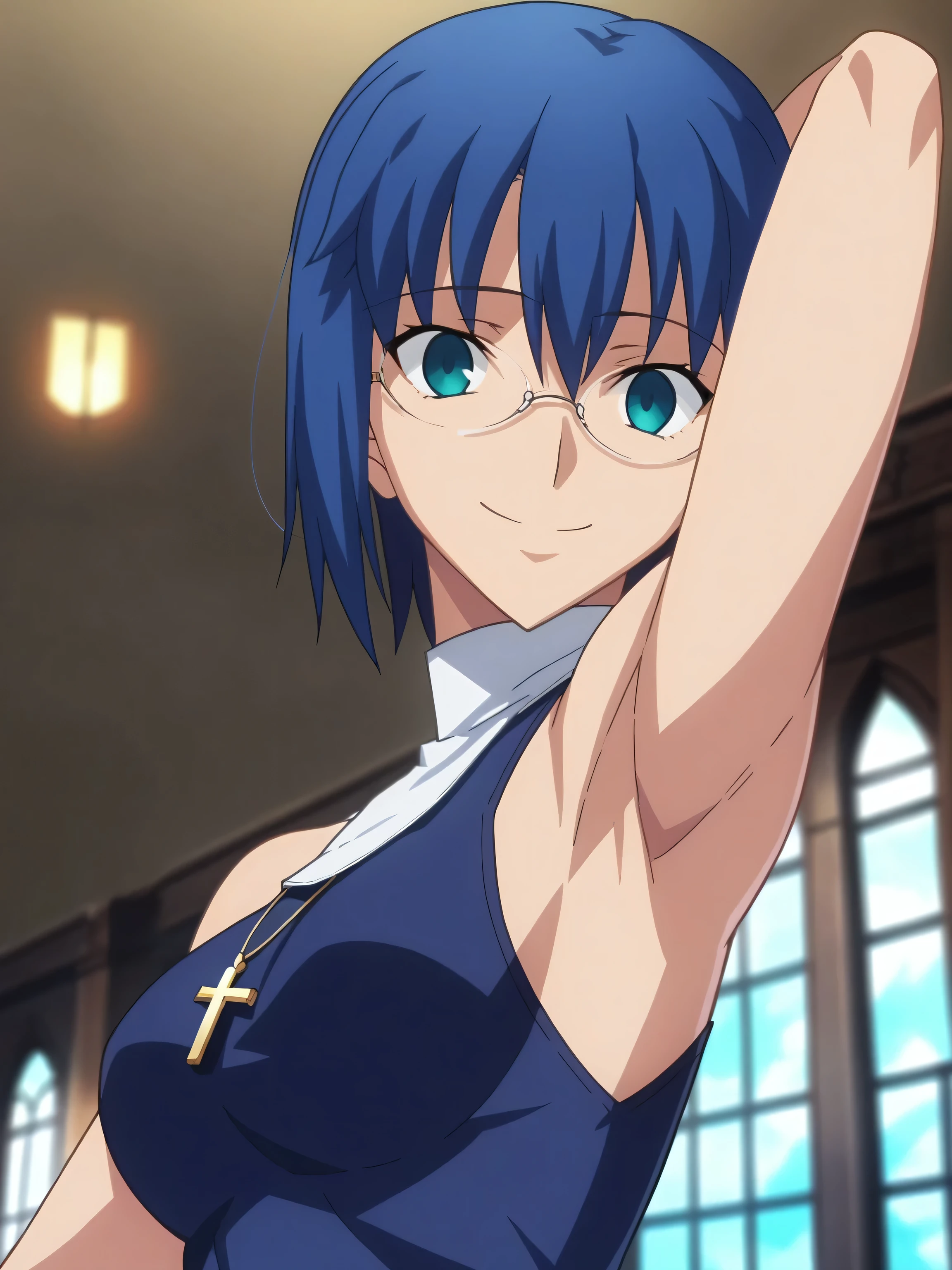 score_9, score_8_up, score_7_up, source_anime, anime screencap, indoors, 1girl, solo, ciel, dark blue hair, bangs, glasses, nun, dress, dark blue dress, cross necklace, sleeveless, bare shoulders, bare arms, looking at viewer, head towards viewer, smile, closed mouth, arm behind head, from side, from below, fate_go_style