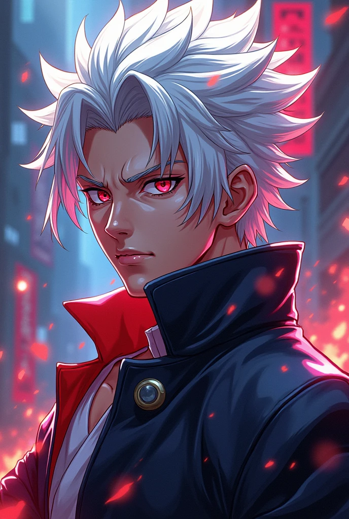 a close up of a man with a red jacket and a red eye, beaten tech. neo noir style, digital cyberpunk anime!!, agent 47 in a scene from naruto, nagito komaeda, modern cyberpunk anime, nagito komaeda from danganronpa, ufotable art style, metal gear solid anime cyberpunk --auto --s2