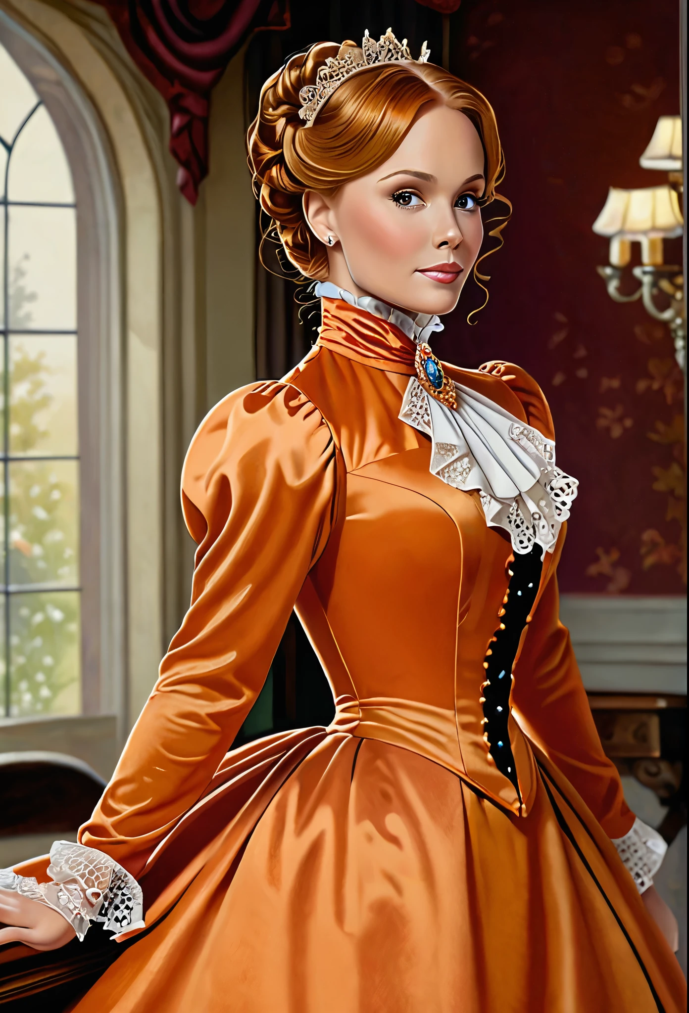 A beautiful Aristacrat woman with large elegant, hawk-like-nose, who embodies old fashioned class, sophistication, elgance as well as wholesome, natural beauty. curvy, thin-waist, wide-hips, swaying-hips. Laura Vandervoort. Oppulent historically accurate high closed  orange victorian dress with turtleneck. Greg Rutkowski, Thomas Kinkade
Solo, Den Betrachter ansehend, Lächeln, Offener Mund, Rote Haare, Große Brüste, Ohrringe, Kristallohrringe, Den Betrachter ansehend, Lächeln, Offener Mund, frontview