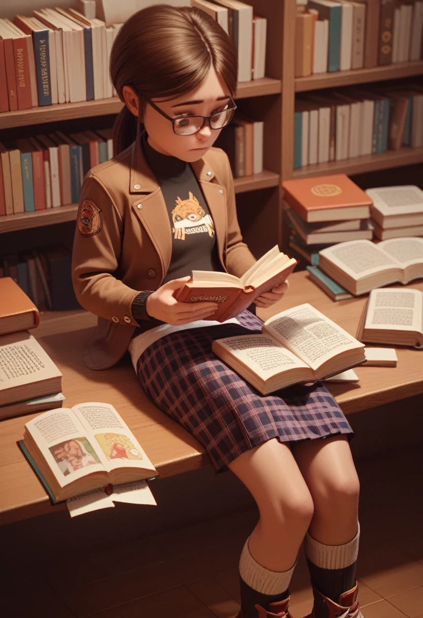 Scoring_8, Scoring_9, 1 , brown hair,glasses, ponytail fact, jacket, Cock futanari,cock semi-erect, hyper bulge skirt, Plaid skirt, book, reading a book:1.1