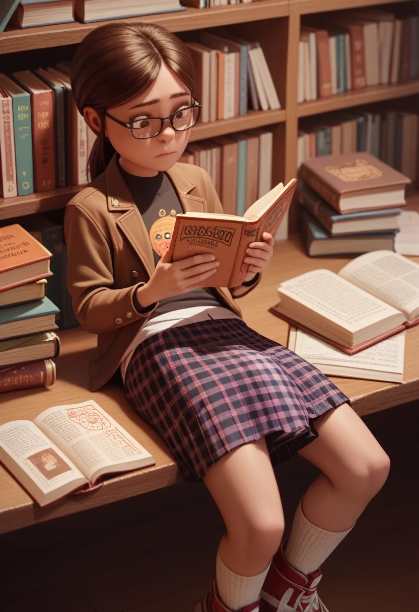 Scoring_8, Scoring_9, 1 , brown hair,glasses, ponytail fact, jacket, Cock futanari,cock semi-erect, hyper bulge skirt, Plaid skirt, book, reading a book:1.1