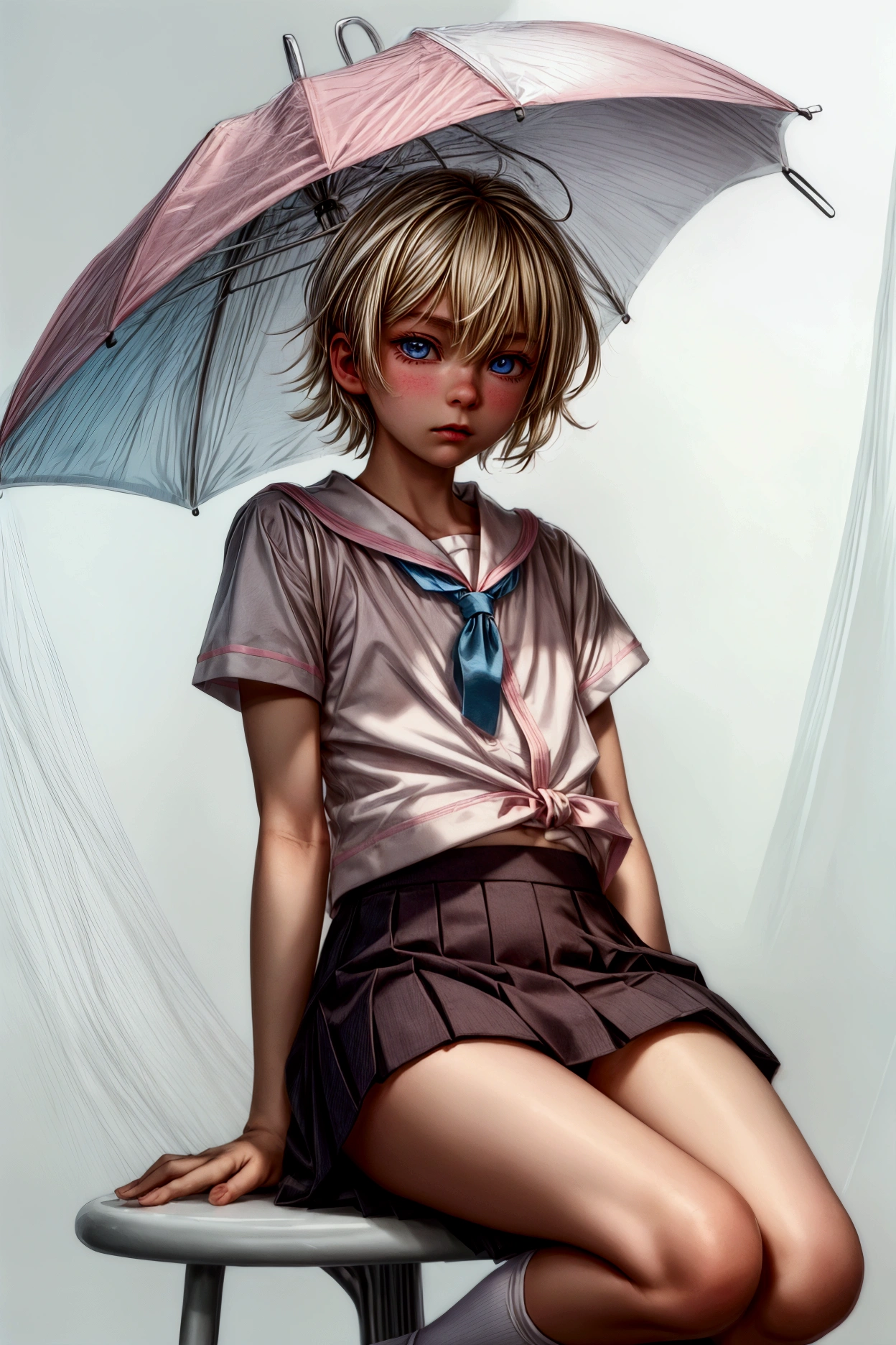 Anime style, Highres, Masterpiece, Best quality at best, Best Quality, hight quality, hight detailed, 1boy, (), blonde boy, perfect boy body, cute boy, detailed light blue eyes, short hair, messy hair, pastel rainbow inner hair color mesh, Neutral Facial Features, wears pink sailor suit, boy chest, pink tie, Pink sailor skirt, mini skirt, without breasts, beautiful long legs, white stockings over knee, perfect black school shoes, perfect boy body, rainy afternoon on the street, highest quality,