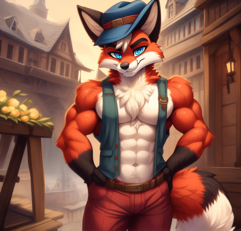 Best quality, Super detailed illustration, a 1 fox, athletic body, blue eyes, villager outfit, black flat cap hat, masculine face and body, disheveled thick white hair, dark red fur, two-tone dark red fur, red fox tail, green sweater with a blue overall, red pants, smug smile, beautifully detailed eyes, against the background of New Amsterdam in the medieval times, wide hips, slim, perfect body, style