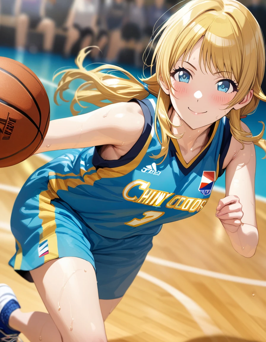 (masterpiece),(Highest quality),(Very detailed),(Best illustrations),(Best Shadow),(Absurd),(Detailed Background),(so beautiful), 4K, 8K,
Official Style,

Meguru Hachimiya, blonde hair, long hair, blue eyes,

the idolmaster shiny colors,
low twintail,
chest,
smile,
blush,
sweat,

basketball uniform,

playing basketball,

Japan,
gym,
Background Blur, 
focus on face,
(realistic skin:1.2),