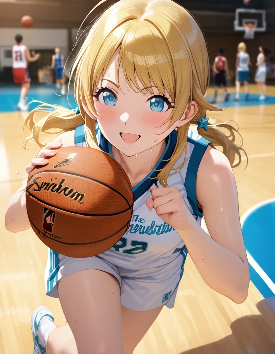 (masterpiece),(Highest quality),(Very detailed),(Best illustrations),(Best Shadow),(Absurd),(Detailed Background),(so beautiful), 4K, 8K,
Official Style,

Meguru Hachimiya, blonde hair, long hair, blue eyes,

the idolmaster shiny colors,
low twintail,
chest,
smile,
blush,
sweat,

basketball uniform,

playing basketball,

Japan,
gym,
Background Blur, 
focus on face,
(realistic skin:1.2),