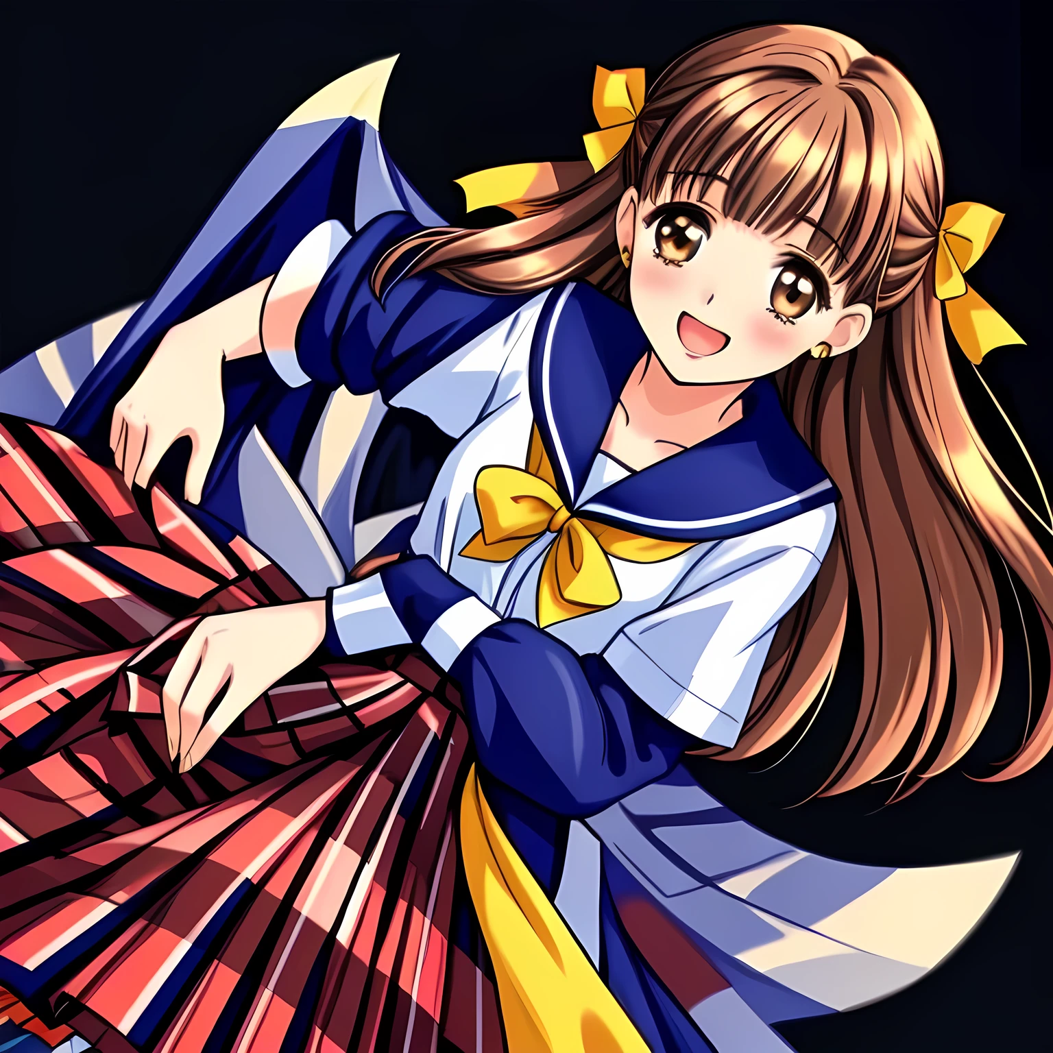 (highest quality, masterpiece: 1.6), (Some beautiful noble  beautiful lying anime noble heroines, Three beautiful giggling noble elegant 15yot anime heroine wares blue sailor-styled uniform are lying, and force me fall into deep harem of siren and succubi, Noble Elegant but lecherous salacious insane and lascivious, navy sailor uniform: 1.5), (Anime-heroine's girly noble laughing giggling brown eyes, laughing at me: 1.6), (Realistic Charming neat navy-colored very-neat well-pleated long tartan-checkered school skirt is extended under her knees: 1.5), (black background: 1.7), (Eyes, face and hair, and skirt is especially cutely detailed and carefully drawn), (Cute small human ear: 1.4), (Girl whom everyone loves because of her beauty and lovely fashion and noble manner and mind of succubus and magic-charm of succubus: 1.0), (Very beautiful, wavy, cutely super-super-long straight gorgeous rich black hair like hair model, with elegant big yellow hair ribbons: 1.3), (Drives me crazy for their neat skirts and Make me fall into their skirts: 1.5), (the mouth is hidden by her palm), full body shot