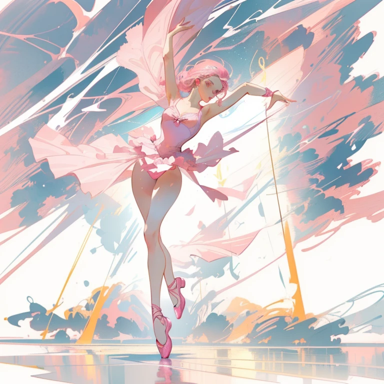 a drawing of a woman in a pink outfit is doing a ballet pose, ballet dancer, dramatic illustration, ballerina dance in smoke, she is dancing. realistic, ballet, dramatic pose, girl graceful, dancer, prima ballerina, tendu pose, an artistic pose, blurry and dreamy illustration, she is attracting lightnings, dramatic floating pose, dancing in the rain, ballerina