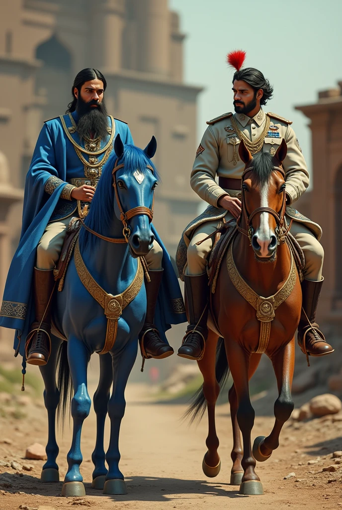 There is an adult man with a beard and black hair, roupas reais, with crown on the head, montado em um cavalo. There's a man standing, with royal robes and a crown on their head, puxando o cavalo. In the background there is a palace and many people celebrating. biblical costumes. biblical style. biblical setting. Estilo comcs