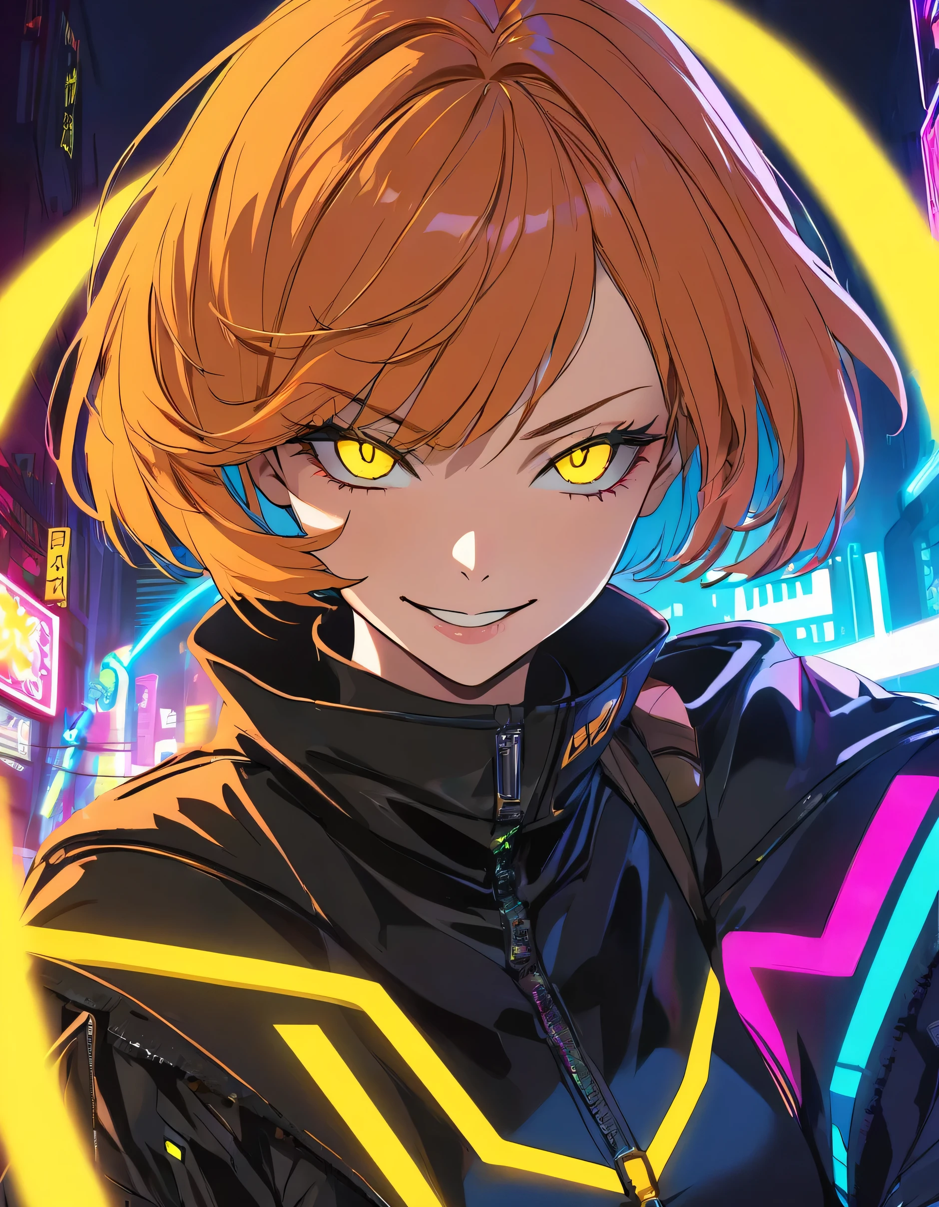 A mature woman with a sharp style, Short orange hair and yellow eyes、Face close-up、Cyberpunk clothing with lots of exposure、Urban Neon Background、Fearless smile、Dance away、decoration、Glaring