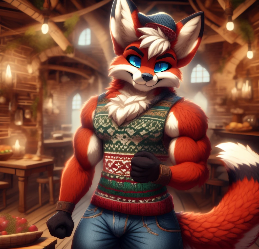 Best quality, Super detailed illustration, a 1 fox, athletic body, blue eyes, villager outfit, black flat cap hat, masculine face and body, disheveled thick white hair, dark red fur, two-tone dark red fur, red fox tail, green sweater with a blue overall, red pants, smug smile, beautifully detailed eyes, against the background of New Amsterdam in the medieval times, wide hips, perfect body, style