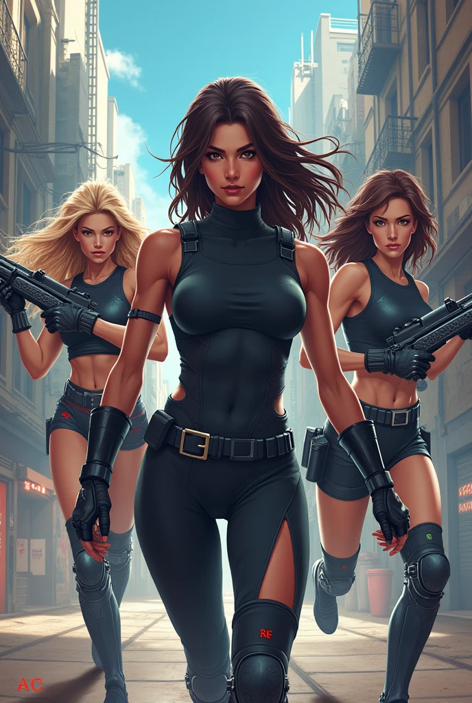 female biker gang. armed and dangerous. mad max art style. cinematic lighting.