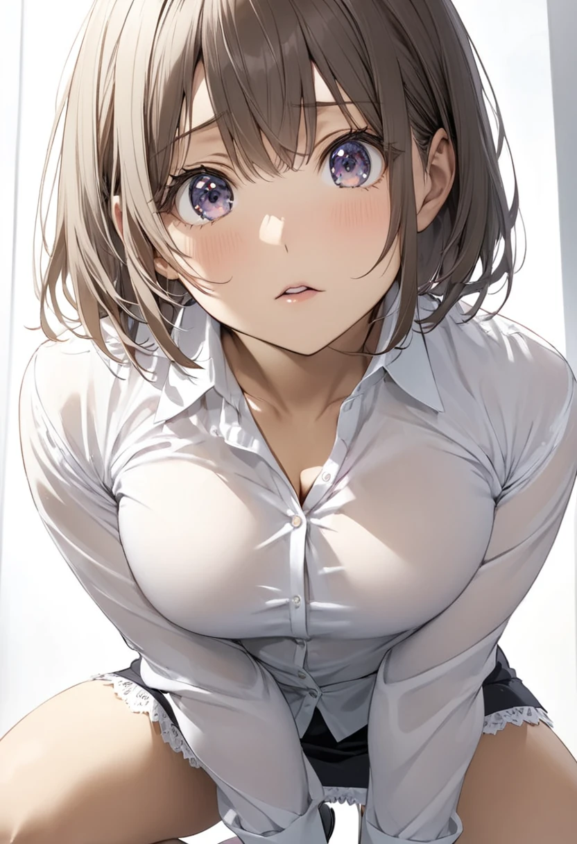 1 girl , OL , White shirt , The chest is exposed , Crouching,Looking up pose , Underwear is visible , mini skirt