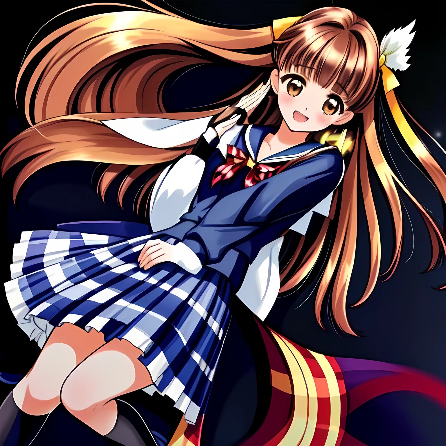 (highest quality, masterpiece: 1.6), (Some beautiful noble beautiful lying anime noble heroines, Three beautiful giggling noble elegant 15yot anime heroine wares blue sailor-styled uniform are lying, showing the back of the hip, and force me fall into deep harem of siren and succubi, Noble Elegant but lecherous salacious insane and lascivious, navy sailor uniform: 1.5), (Anime-heroine's girly noble laughing giggling brown eyes, laughing at me: 1.6), (Realistic Charming neat navy-colored very-neat well-pleated long tartan-checkered school skirt is extended under her knees: 1.5), (black background: 1.7), (Eyes, face and hair, and skirt is especially cutely detailed and carefully drawn), (Cute small human ear: 1.4), (Girl whom everyone loves because of her beauty and lovely fashion and noble manner and mind of succubus and magic-charm of succubus: 1.0), (Very beautiful, wavy, cutely super-super-long straight gorgeous rich black hair like hair model, with elegant big yellow hair ribbons: 1.3), (Drives me crazy for their neat skirts and Make me fall into their skirts: 1.5), (the mouth is hidden by her palm), full body shot