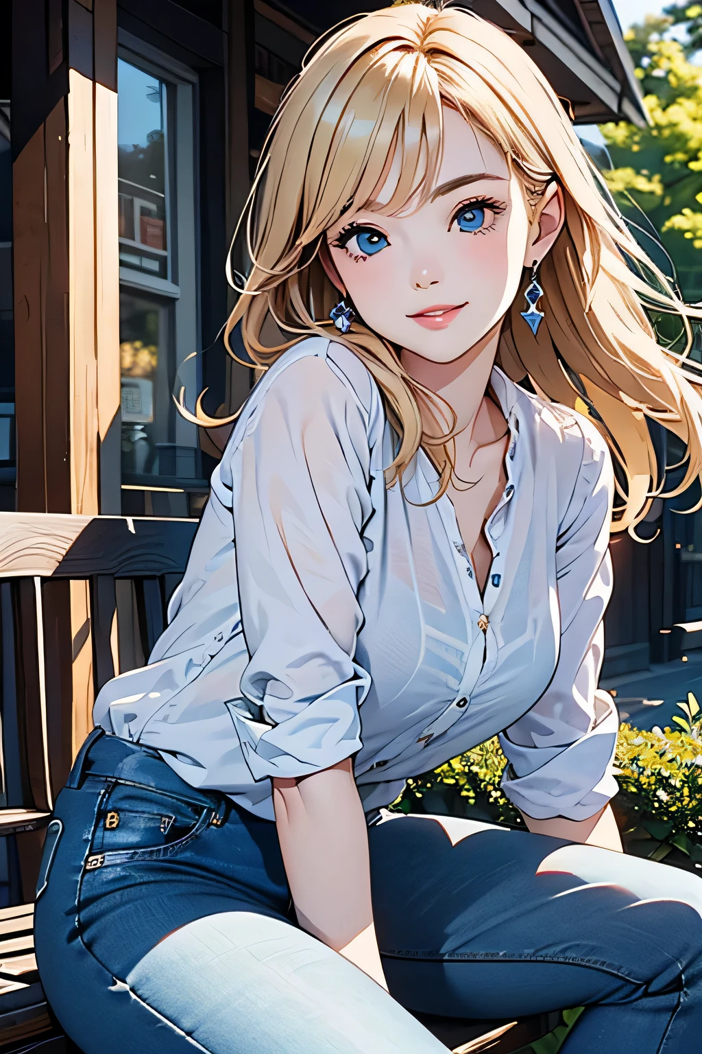 Anime girl sitting on a bench with blue eyes and blonde hair - SeaArt AI