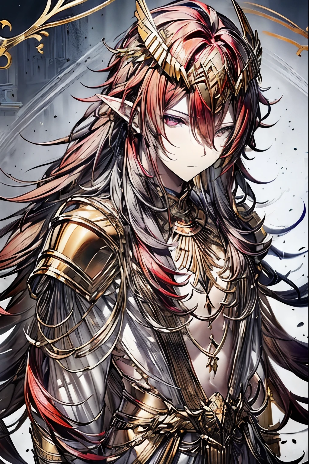 (masterpiece, best quality, perfect face, expressive eyes), 1boy, (male), long red hair, golden eyes, elf ears, golden armor, gold hoplite helmet, elven art, (golden laurel wreath), intricate details, highly detailed, adult, fantasy, cinematic lighting, dramatic shadows, vibrant colors, digital painting, concept art, full body,