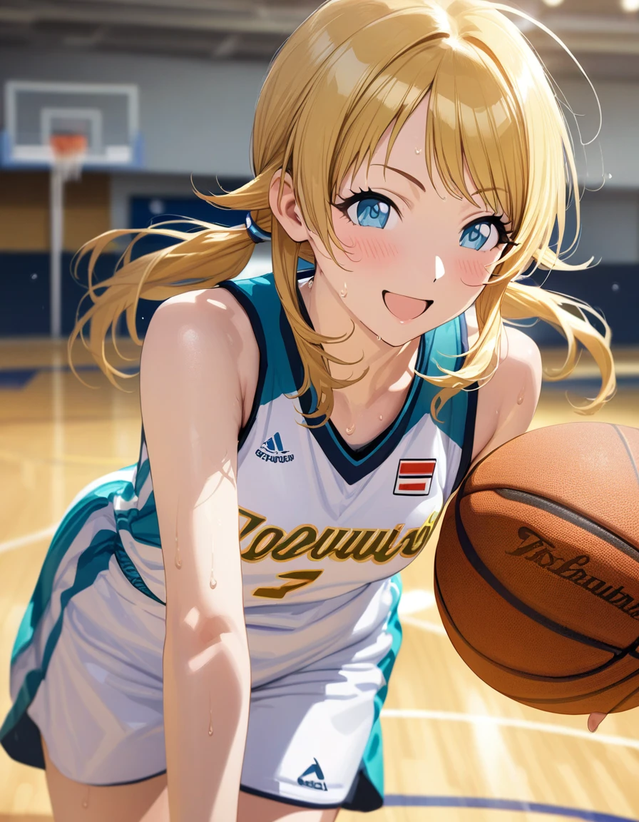 (masterpiece),(Highest quality),(Very detailed),(Best illustrations),(Best Shadow),(Absurd),(Detailed Background),(so beautiful), 4K, 8K,
Official Style,

Meguru Hachimiya, blonde hair, long hair, blue eyes,

the idolmaster shiny colors,
low twintail,
chest,
smile,
blush,
sweat,

basketball uniform,

playing basketball,

Japan,
gym,
Background Blur, 
(realistic skin:1.2),