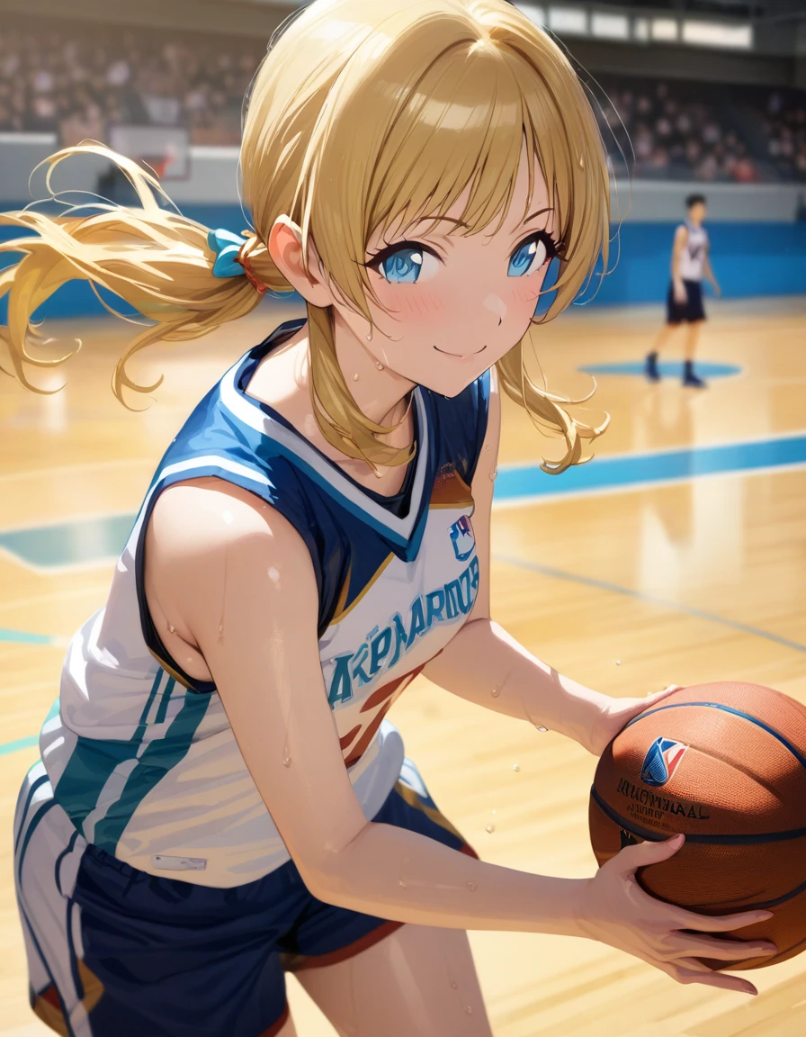 (masterpiece),(Highest quality),(Very detailed),(Best illustrations),(Best Shadow),(Absurd),(Detailed Background),(so beautiful), 4K, 8K,
Official Style,

Meguru Hachimiya, blonde hair, long hair, blue eyes,

the idolmaster shiny colors,
low twintail,
chest,
smile,
blush,
sweat,

basketball uniform,

playing basketball,

Japan,
gym,
Background Blur, 
(realistic skin:1.2),