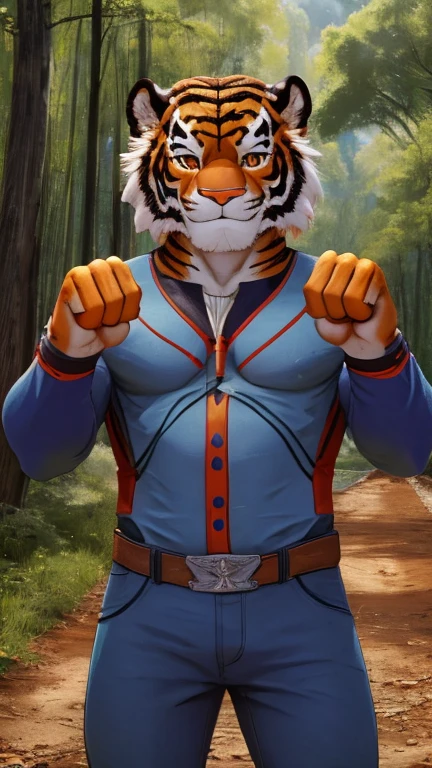 (1boy, solo, tiger), highly insanely detailed, masterpiece, top quality, best quality, highres, 4k, 8k, RAW photo),((Cowboy shot)),((Paw pose)),From the front, symmetrical composition,smile,cute,Innocent,Kind eyes,(Tsukasa Hojo Style),forest,(tygra), standing, two-tone hair, orange eyes, tiger stripes, orange skin, multicolored bodysuit, long sleeves