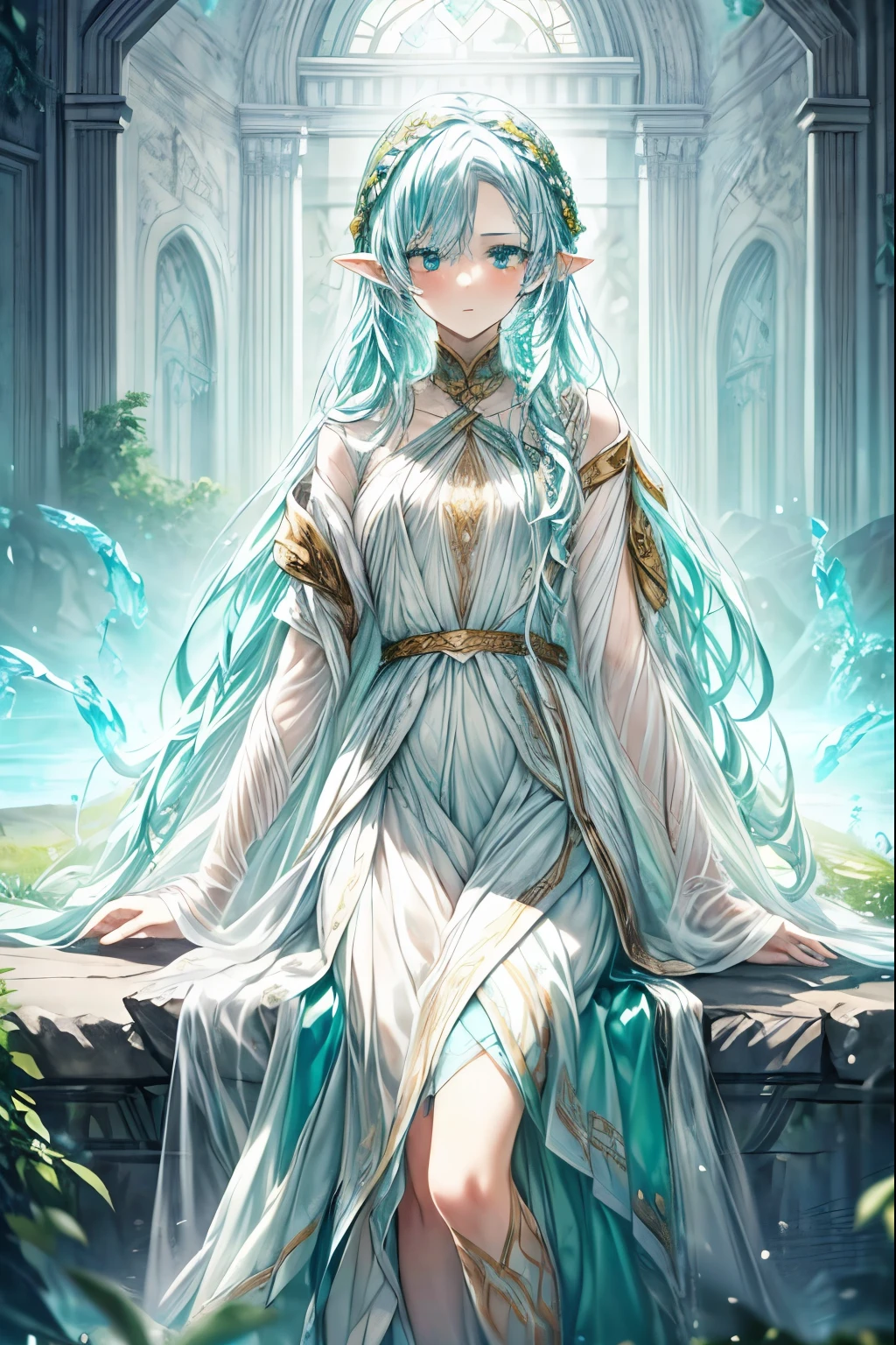 (masterpiece, best quality, perfect face, expressive eyes), 1girl, long aqua hair, blue eyes, (elf ears), white goddess attire, full body, elven art, (aquatic wreath), intricate details, highly detailed, adult, fantasy, cinematic lighting, dramatic shadows, vibrant colors, digital painting, concept art, full body, sea motifs, water motifs, 