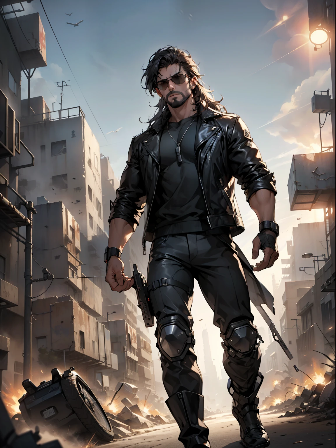 (neocruz),"Terminator movie, Futuristic, Dystopian cityscape, dark and sandy atmosphere, intense action scene, 11boy with long hair and beard as main character, iconic black leather jacket, Sunglasses, epic battle, Explosions, high-tech weaponry, cyber improvements, post-apocalyptic scenario, incessant search, Suspenseful chase sequence, dramatic lighting, Dramatic camera angles, Moments full of adrenaline."