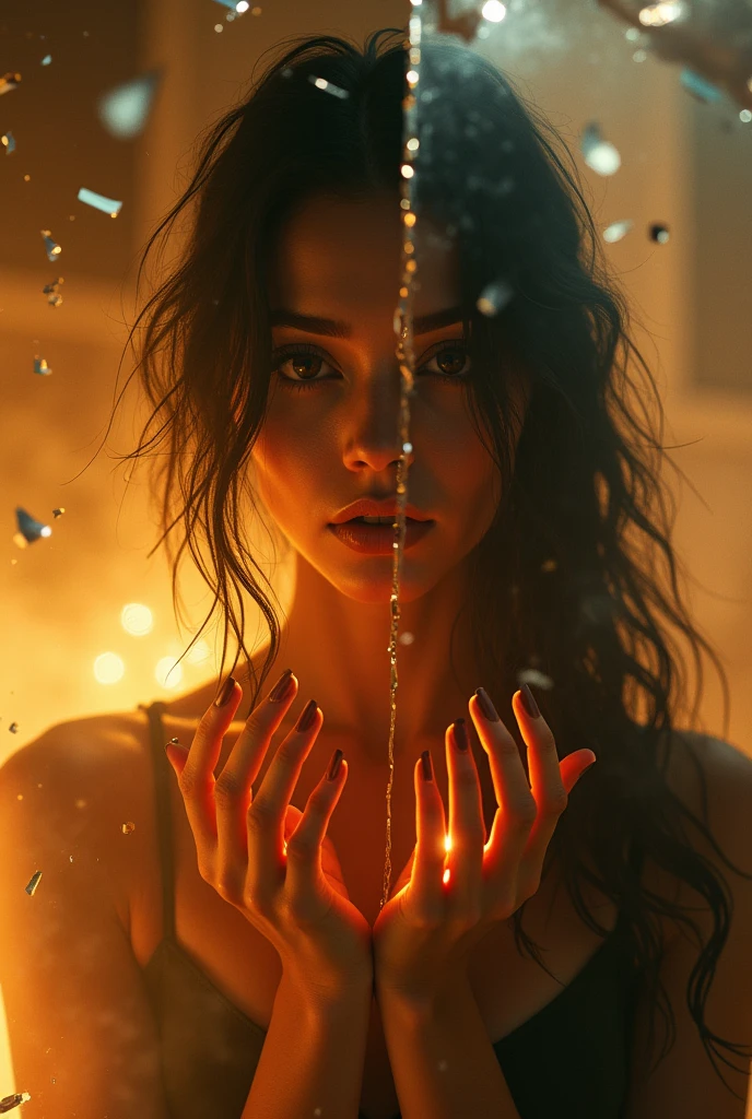Naked Woman Side view,cinematic,broken Glass Look,fire Lights effevts