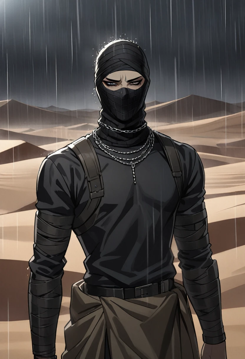 Arans mind style, Male arab modern terrorist, terrorist, black balaclava, black bandage, black clothes, thin waist, femboy, light skin, makeup, black eyeliner, big eyelashes, black eyeshadow, metal choker, light tanned skin, detailed anime, desert, rain, night 