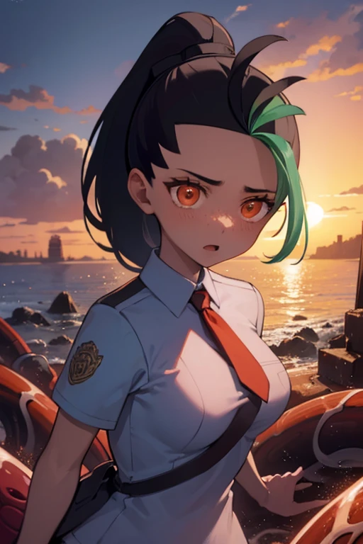 Nemo, a high school girl, is raped by a large number of tentacles on a sunset road and her face turns red as she gasps.