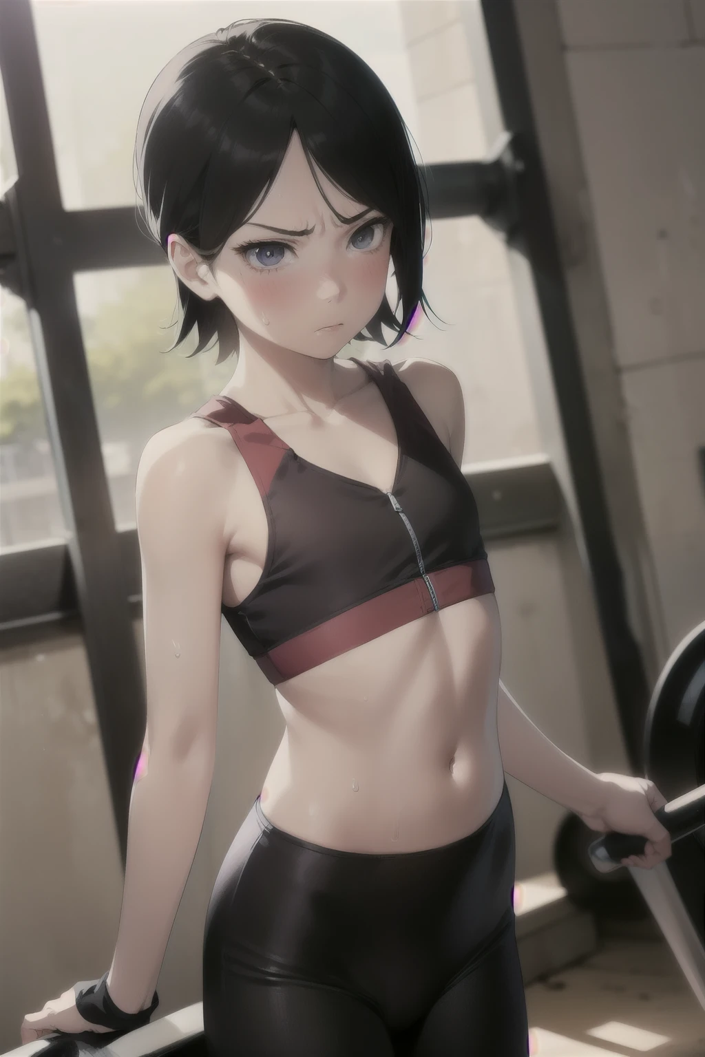 Anime style, 1 girl  , young girl , childshi  body ,solo , short black hair ,angry  face , sharingan eyes  ,blush  , sweat , flat chest , red tube top , black leggings tight,  gym , sexy . Bumbum inpinado,  back 