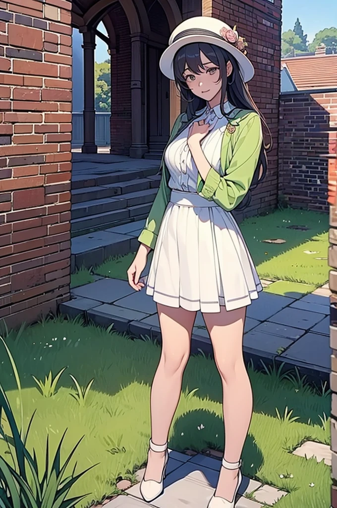 masterpiece, best quality, ultra detailed, very aesthetic, 1girl、Different world、Girl in a hat、cute、Different world outfit、Grass grows on both sides of the cobblestones_There is a brick building in the back１item,anime、Light color hue