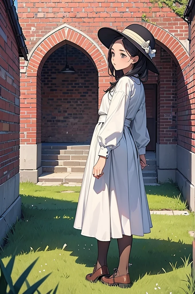 masterpiece, best quality, ultra detailed, very aesthetic, 1girl、Different world、Girl in a hat、cute、Different world outfit、Grass grows on both sides of the cobblestones_There is a brick building in the back１item,anime、Light color hue