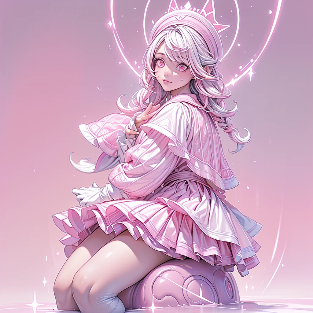 (pink_theme, dreamy_scenery:1.2), absurdres, highres, (official art, thunder, beautiful and aesthetic:1.2), best_quality, masterpiece, 1girl, badass, (faint_smile, closed_mouth:1.2), (cute, petite, kawaii:1.4), profile, character_profile, (sitting:1.2), from_side, (pink_miniskirt, white_frilled_shirt, fingerless_gloves, white_trim, hair_ornament:1.4), (white_hair, multicolored_hair, pink_eyes, dual_colored_eyes, multicolored_eyes:1.5), (french_braid, long_hair, pink_headwear:1.2), shoulder_sash, colorful, (close-up:1.2), white_legwear, abyss eyes,Shiny skin,oil, Tzeentch,extremely detailed CG unity 8k wallpaper,masterpiece, ((ultra-detailed)), ((illustration)),colorful,wallpaper,energy,Unknown terror,arcane,Around the magic,magic surrounds,pages flying all over the sky,Know it all,Predicting the Future,Know the past,Infinite wisdom,Warlock,Magical Circle,Pentagram,incantation,mantra,Singing magic, (shining eyes:1.2), (fractal art, (kaleidoscope:0.9), colorfield painting, (shine effects, seraph effects, lighting effects:1.1), (white_and_pink_theme:1.5)