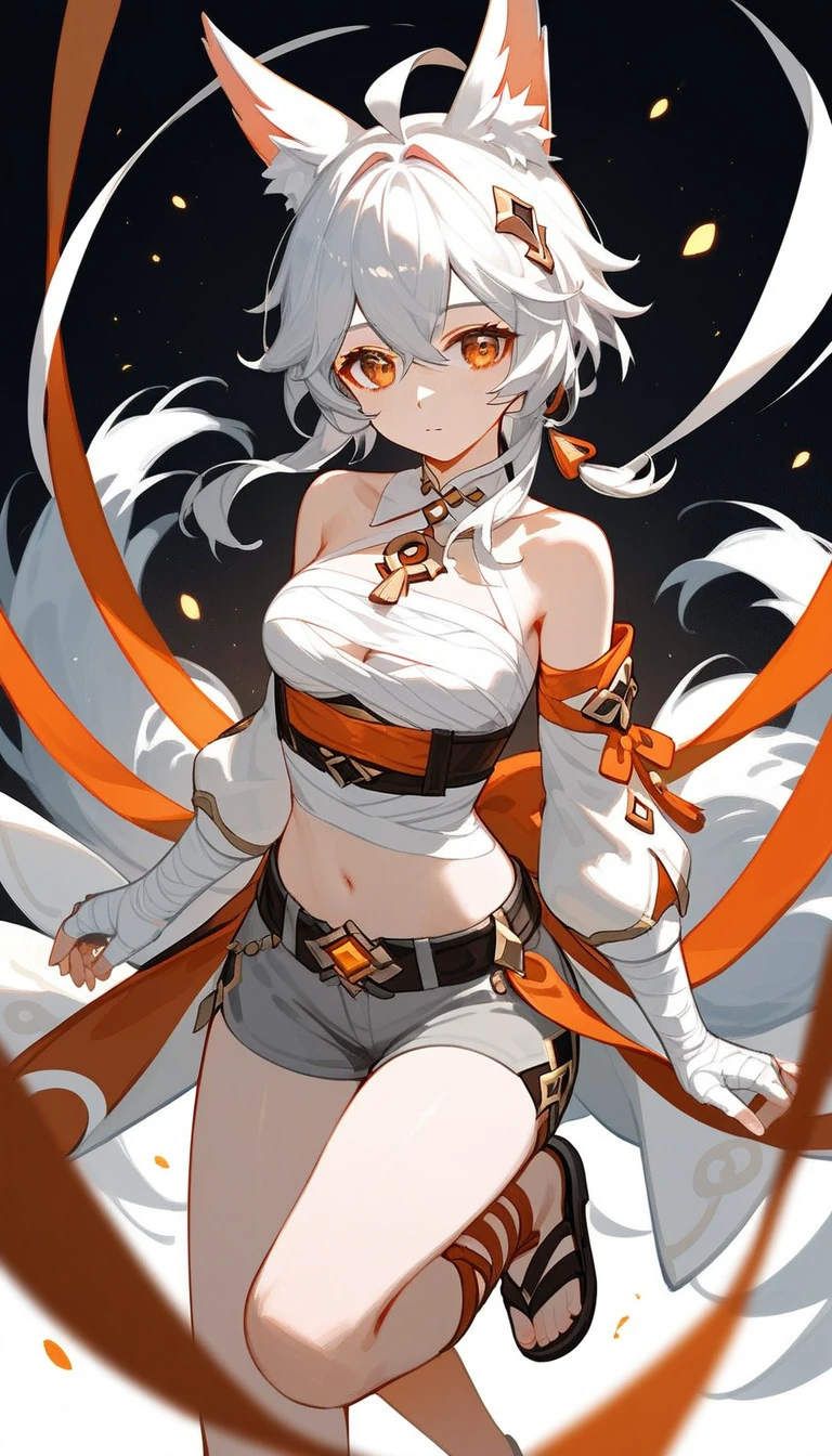1woman, Female Anomaly, Goddess,, Tall, Big Breats, Big Hips, Big Ass, Muscular, Gentle Smile, White Flame Aura, Black Lightning Aura, Pure White Skin, White Wooly Hair, (Black Sclera: 1.9), (White Iris:1.7), (Black Circuitry Marks: 1.2), Abandoned Crystal Fortress, (Intricate Detail: 1.4), (Defined Details: 1.2), Floating Straight In The Air, Arms Folded, Low Angle Shot, Solo, Looking at viewer,