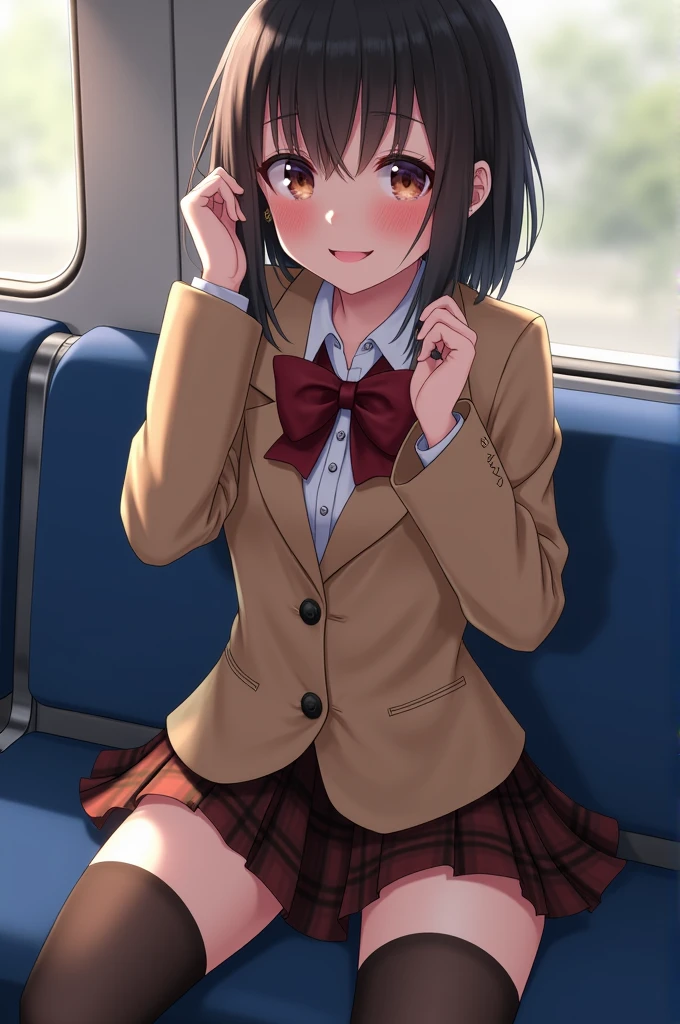 official style,{{Higuchi Madoka, idolmaster shiny colors}},very aesthetic, best quality, intricate, overall detail,[[[[[ai-generative]]]]],1girl,cowboy shot,red brown hair, short hair, wavy hair,hair between eyes, hairclip,brown eyes,black hooded , grey skirt, pleated skirt, black pantyhose ,dynamic angle, best quality, amazing quality, very aesthetic, absurdres、train、Sitting
