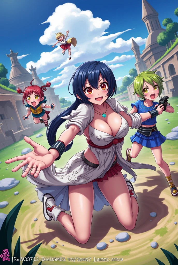 Create a sexy girl with long, flowing blue red and alluring green or amethyst eyes. Dress theme Athletic prep, currently in an Attack on Titan with Mikasa Acerman, posing a Victory sign with a smile