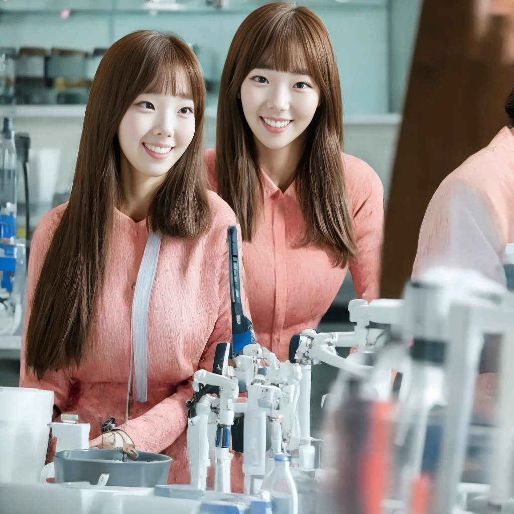 ((upperbody)), woman (Chae Soo-bin, smiling, straight hair drained), looking at viewer, front view, in a high-tech robotic laboratory, HDR