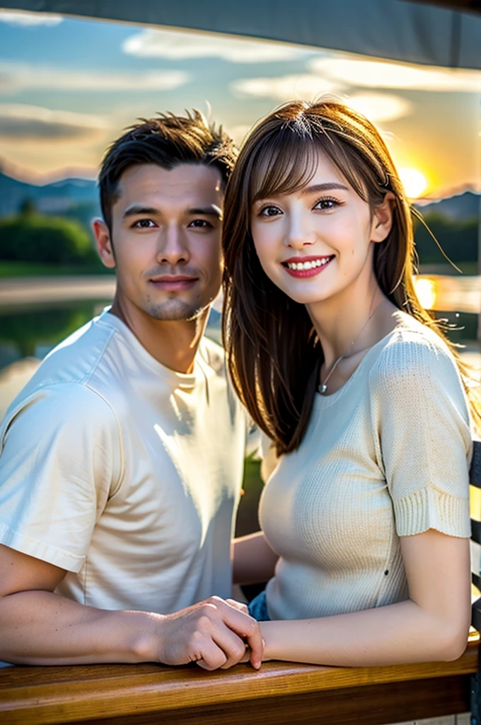 (Realistic, 超Realistic:1.4), 16K HDR, High resolution,((Whiskey Glass)),((Whiskey Bottle))、Brown short hair,The best smile、A man and two women、Model Couple、Short sleeve dress,whiskey、((Single Malt)),((scotch)),The Macallan、Johnnie Walker、Old Parr、Shot Glasses、Whisky on the Rock、Scotland、Amazing view of the sunset sky and clouds、,Digital SLR camera, Soft lighting, Sharp focus, プロ品質のHigh resolution、Slim figure,Highly detailed face,Highly detailed eyes,Beautiful Lips,