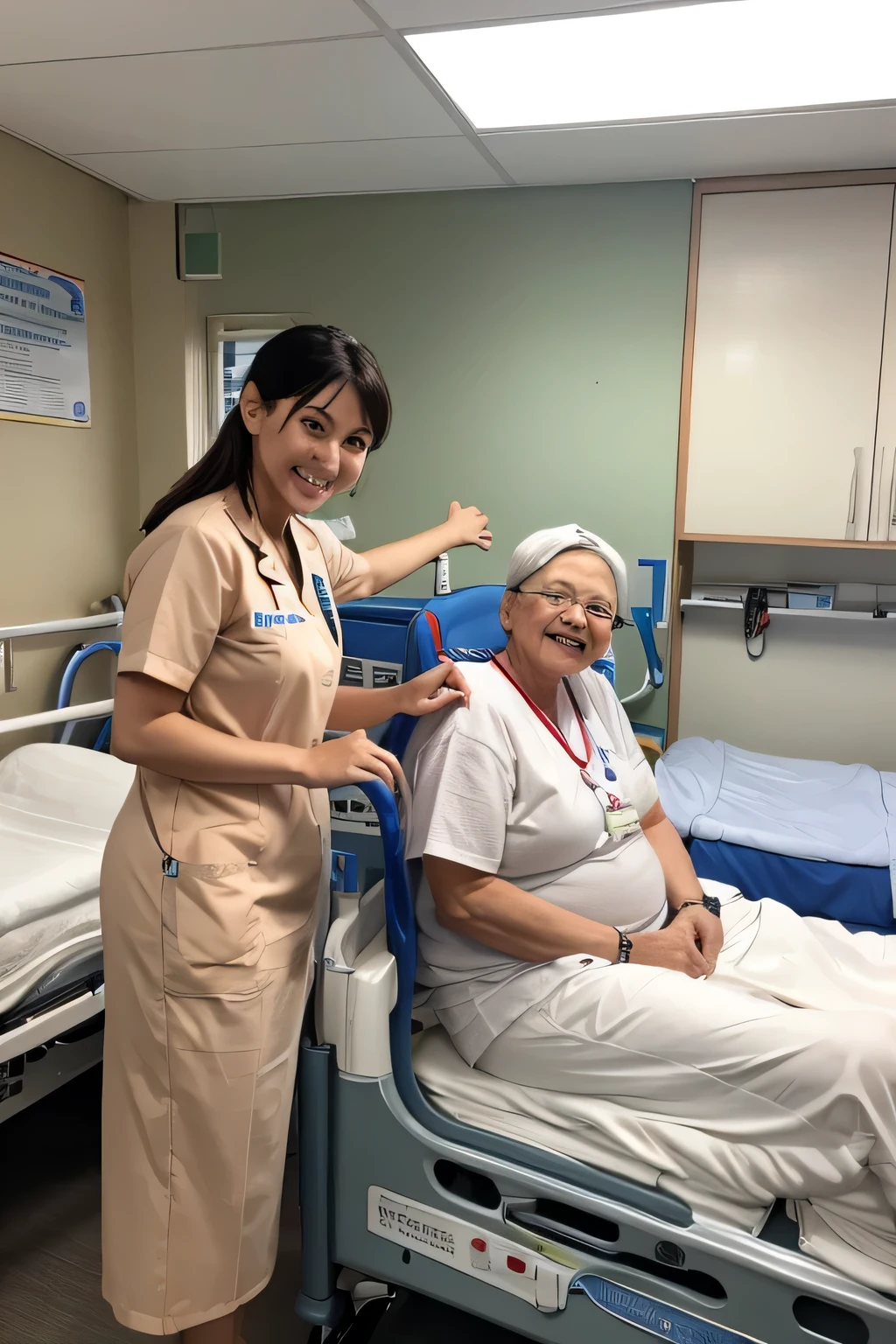 1womanl、Elderly care facility staff、Full body like、a smile、wears glasses、high-level image quality、masterpiece、8K picture quality、The background is a nursing home、