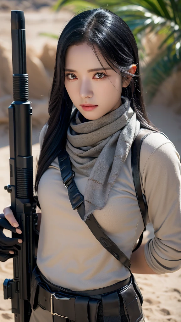 small breast, gloves, black hair, black cargo pants, assault rifle, desert scarf, desert oasis, extremely detailed eyes, extremely detailed face, best quality, extremely detailed, one person, one girl, ultra-detailed, (realistic, photo-realistic:1.3)