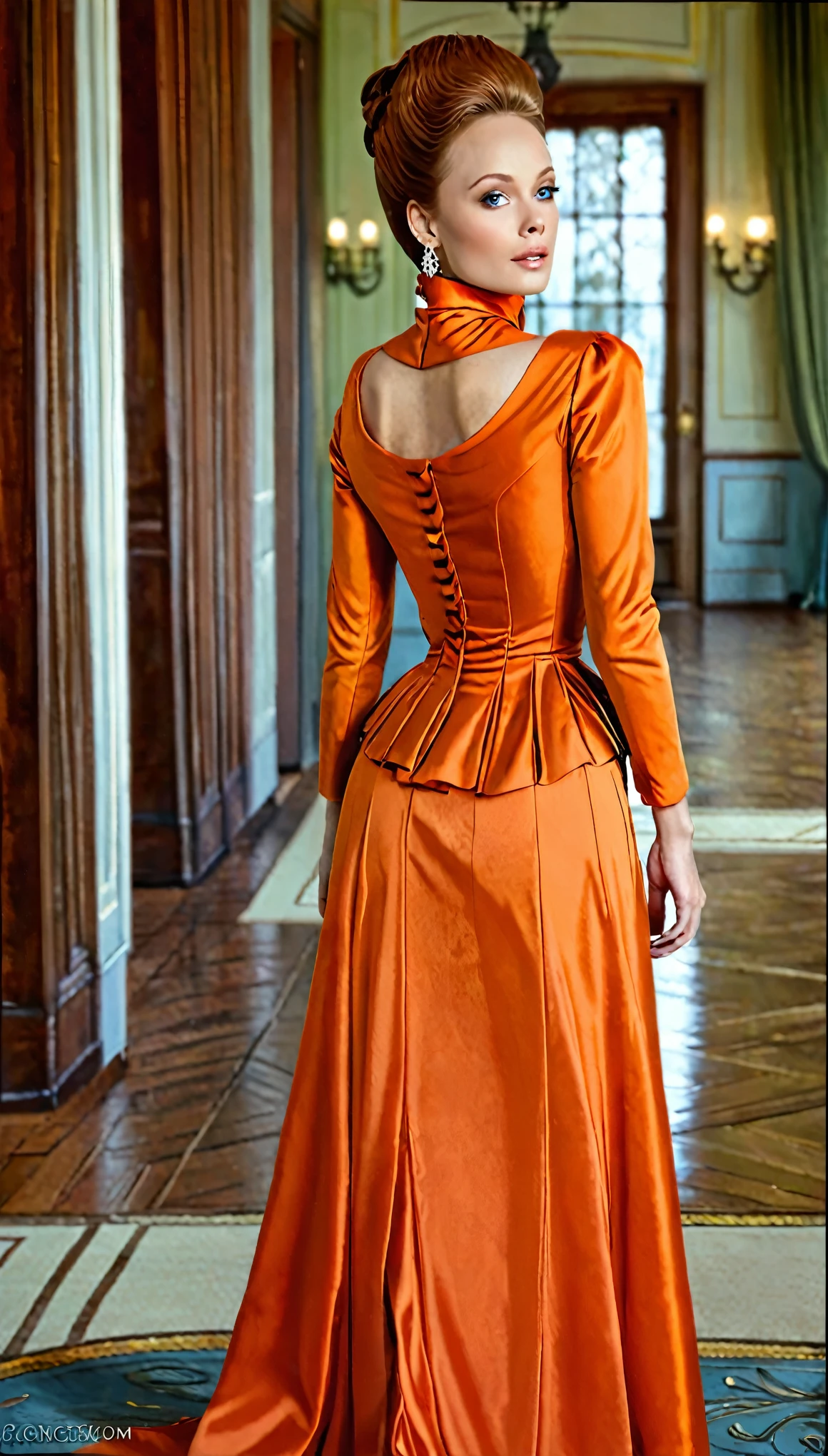 A beautiful Aristacrat woman with large elegant, hawk-like-nose, who embodies old fashioned class, sophistication, elgance as well as wholesome, natural beauty. curvy, thin-waist, wide-hips, swaying-hips. Laura Vandervoort. Oppulent historically accurate high closed  orange victorian dress with turtleneck, very tiny waist, slim hourglass figure, hochgeschlossenes Kleid,Greg Rutkowski, Thomas Kinkade
Solo, Den Betrachter ansehend, Lächeln, Offener Mund, Rote Haare, Große Brüste, Ohrringe, Kristallohrringe, Den Betrachter ansehend, Lächeln, Offener Mund, frontview