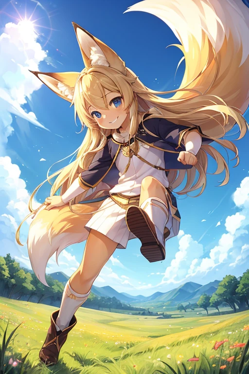 (Boy with fox ears)　Blonde long hair　grassland　blue sky　fine　smile　Move your limbs widely　(((fineよく走る)))