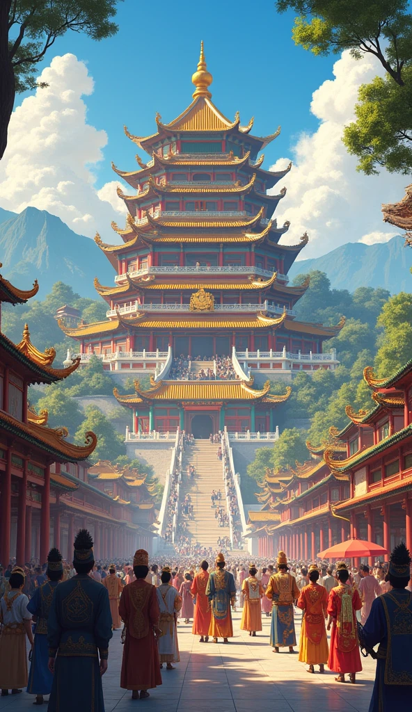 Palace on the clouds，Above the auspicious clouds，A lot of ancient Chinese buildings，Clouds，Golden palace，high-definition，highdetailed,long view，Photo texture