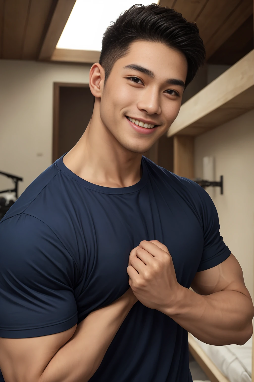 Highest quality, 8K, Very delicate young boy,Highly detailed face and skin texture, High resolution, Wearing only a rainbow thong,young boy with tanned skin in the bedroom and smiling, whole body, Sharp focus,Random Face,Random Posing,