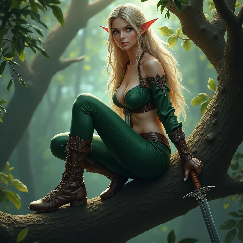 ((masterpiece)), ((Best quality)), ((A high resolution)), ((extremely detailed wallpaper CG unified 8k)), ((on a tree branch in a deep forest:1.3)), ((Elven Character, pointed elf ears, wavy blonde hair, green eyes, Bare skin:1.2)), cowboy shot, skin moist and shiny, In a flowing minidress and leather armor with gold jewelry., long leather boots, ((tilts his head, front view:1.2)), ((Squat with legs apart)),