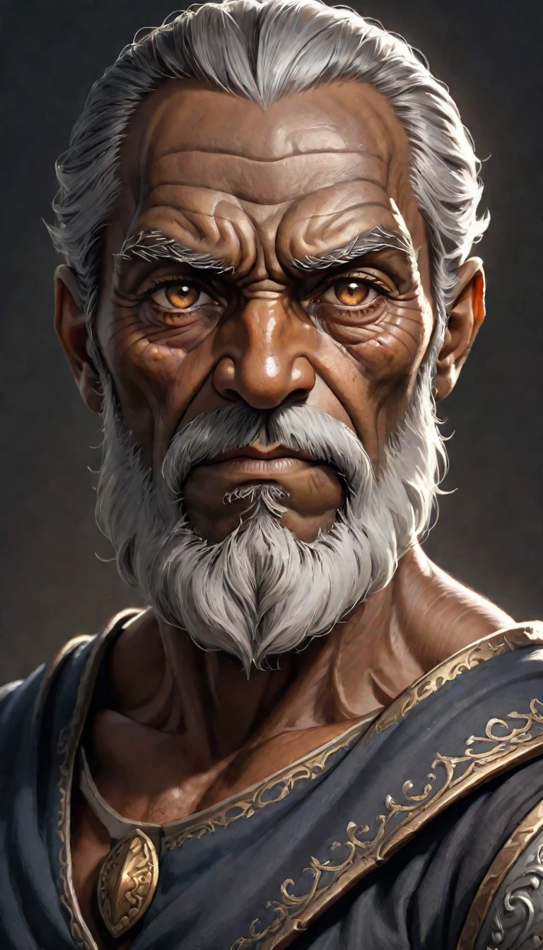 waist-length portrait, Best quality, masterpiece, contrasting light, best light and shadows, rich colors of the image, 2D illustration, empty background, front view, dark-colored clothing in medieval fantasy style, male character, elderly character, muscular and robust physique, dark bronze skin, brown eyes, long gray beard, stern expression, thick eyebrows, broad nose, deep wrinkles, almond-shaped eyes, large ears.